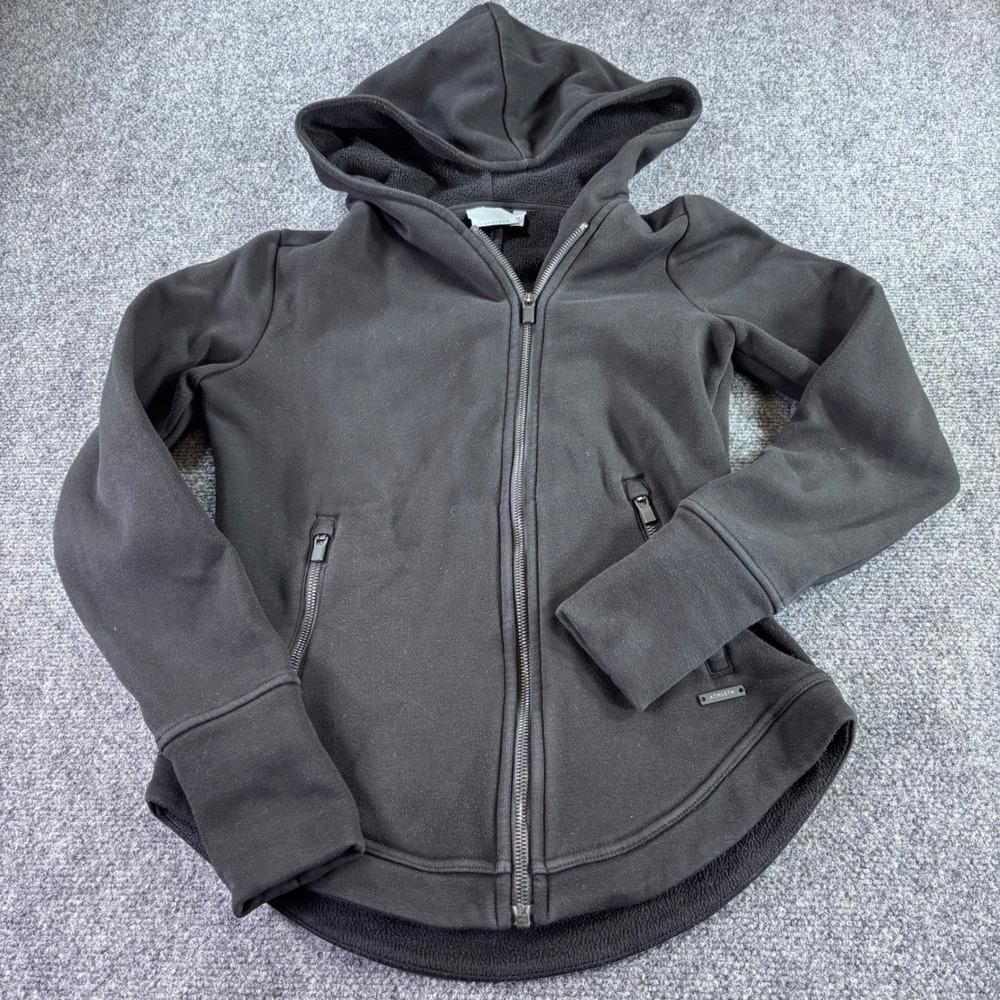 Athleta Full Zip Hoodie Women XS Black Fleece Lined Thumbholes Curved Hem Jacket